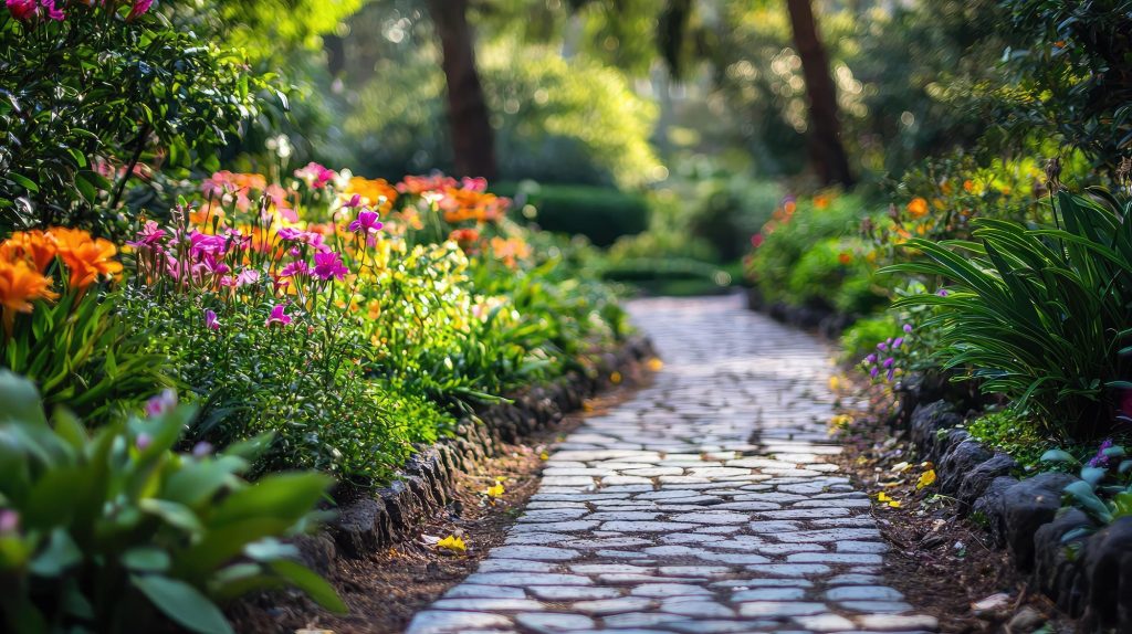A cobblestone path runs through a beautifully manicured garden. By Blue Meadow Landscaping Victoria.