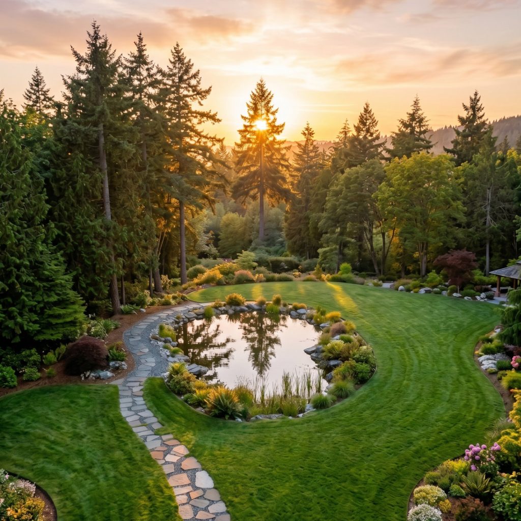 A beautifully landscaped yard with a pond in the middle and garden surrounds, by Blue Meadow Landscaping in Victoria.