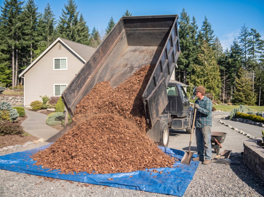 Bark mulch delivery by dump truck from Blue Meadow Landscaping in Greater Victoria.