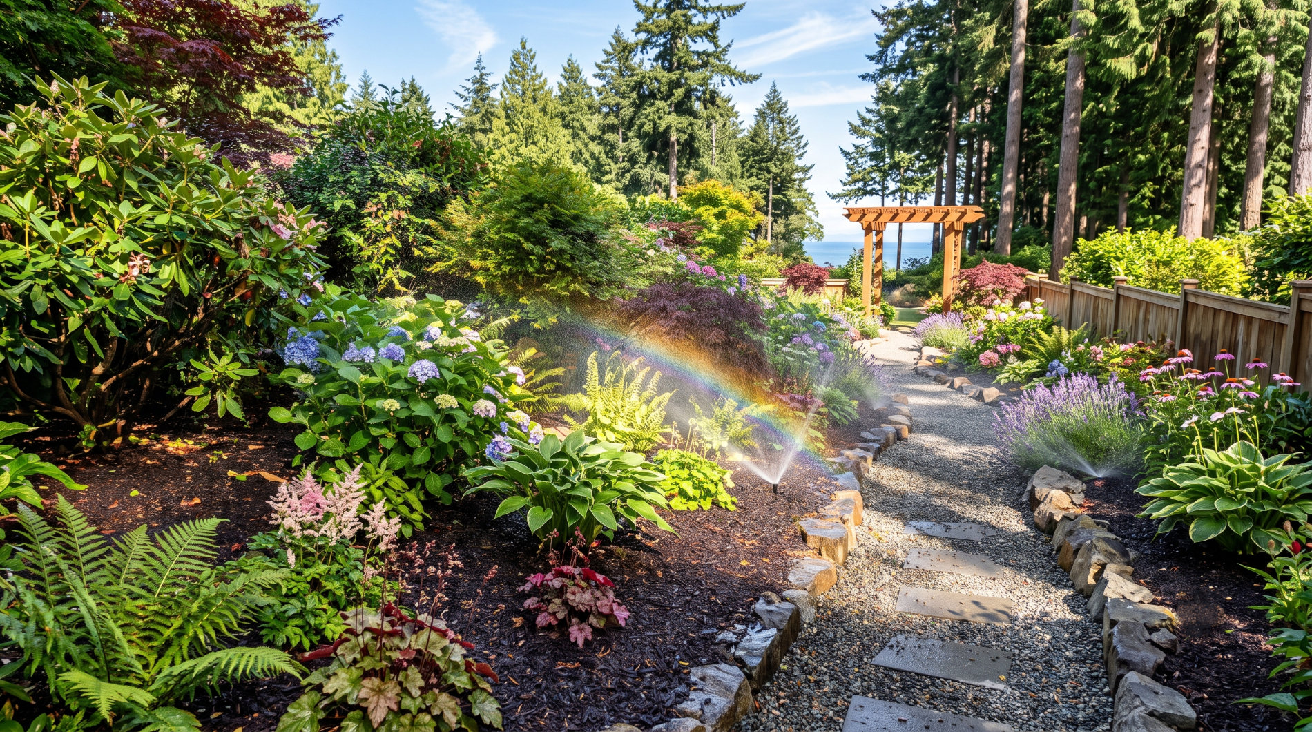An irrigation system waters the garden after being installed by Blue Meadow Landscaping in Victoria.