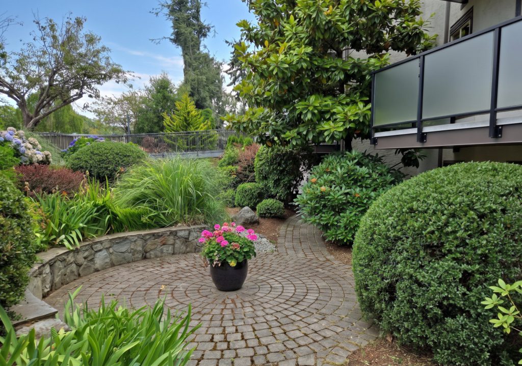A garden oasis at a condo building curated by Blue Meadow Landscaping in Victoria, BC